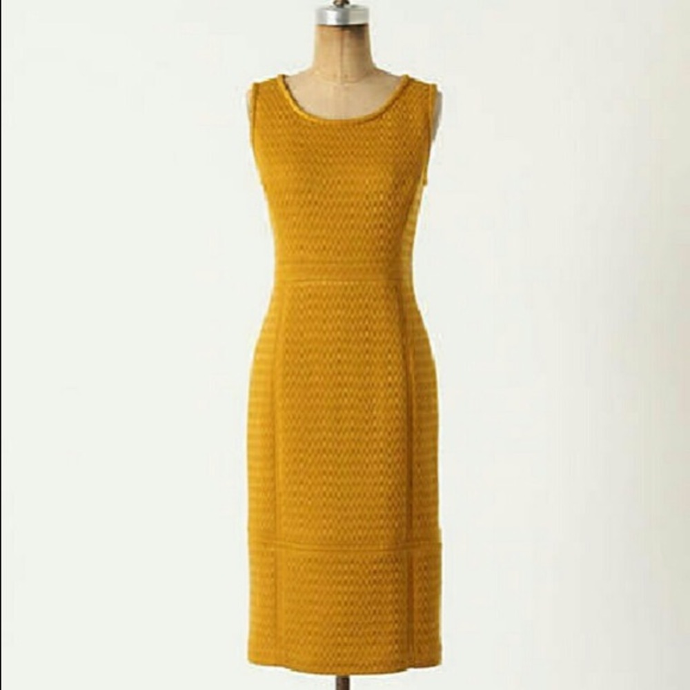 Anthropologie Mustard Textured Knit Midi Sheath Dress